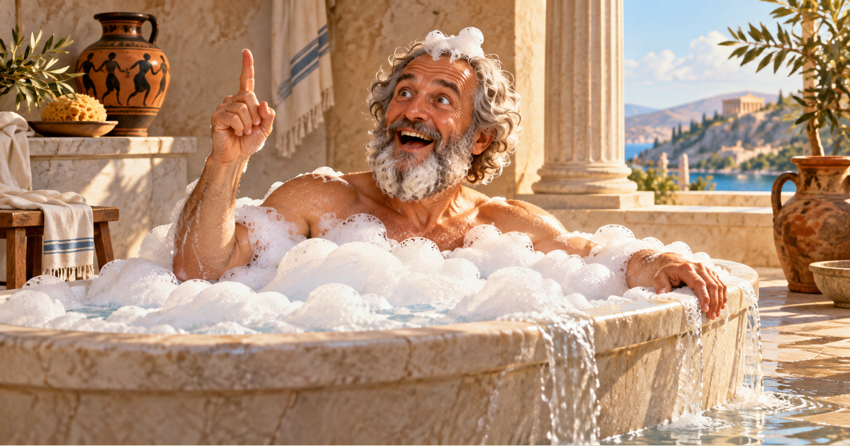 Playful illustration of Archimedes having a delighted Eureka moment in a foam-filled stone bath, raising a finger as water spills over the rim.