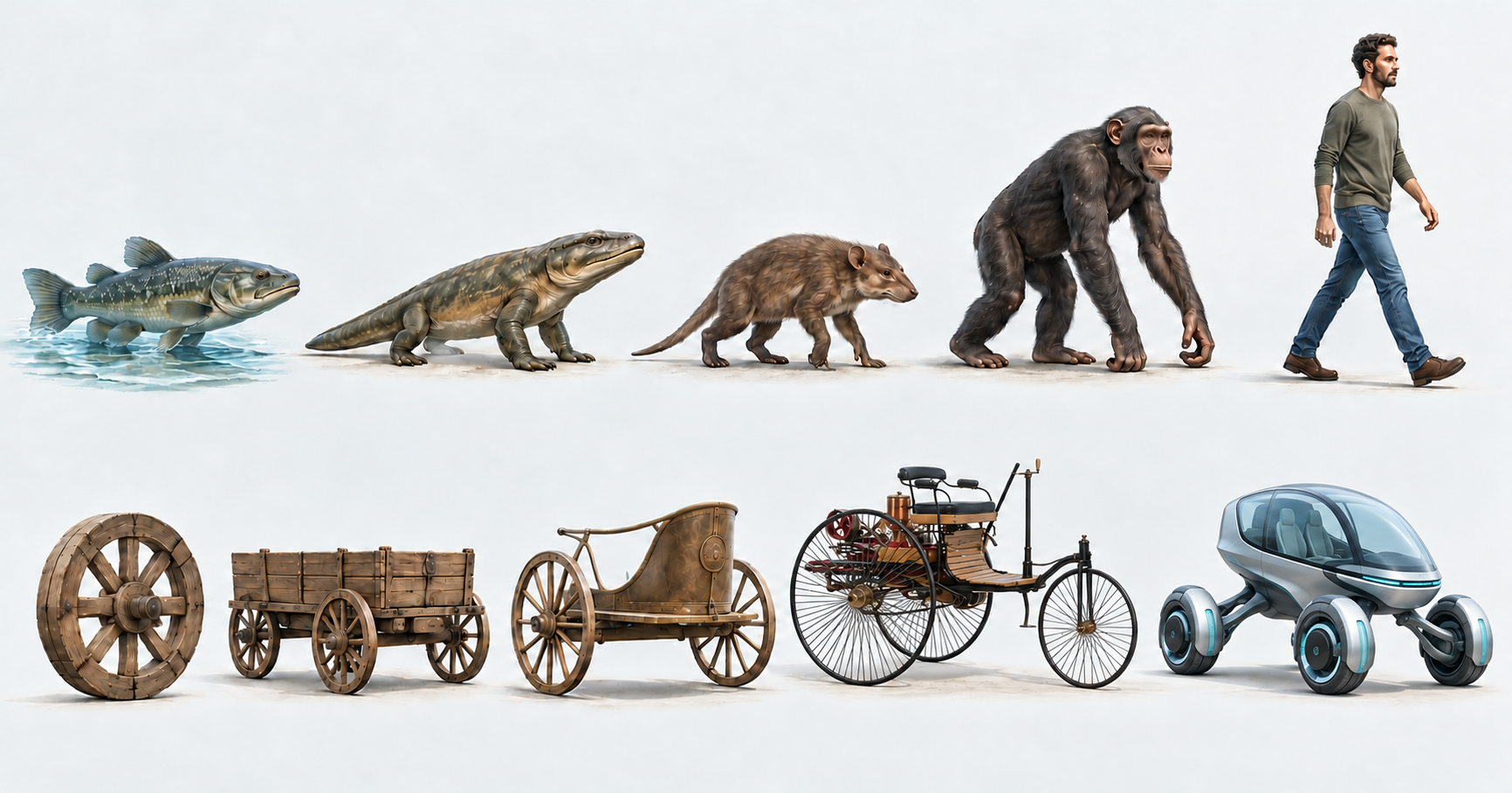 Two conceptual rows compare biological forms with inventions, from a wooden wheel to a fictional futuristic vehicle.