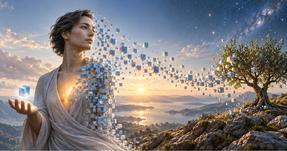 Philosophical illustration of a human figure dissolving into small blue cubes that flow toward an olive tree beneath a starry sky.