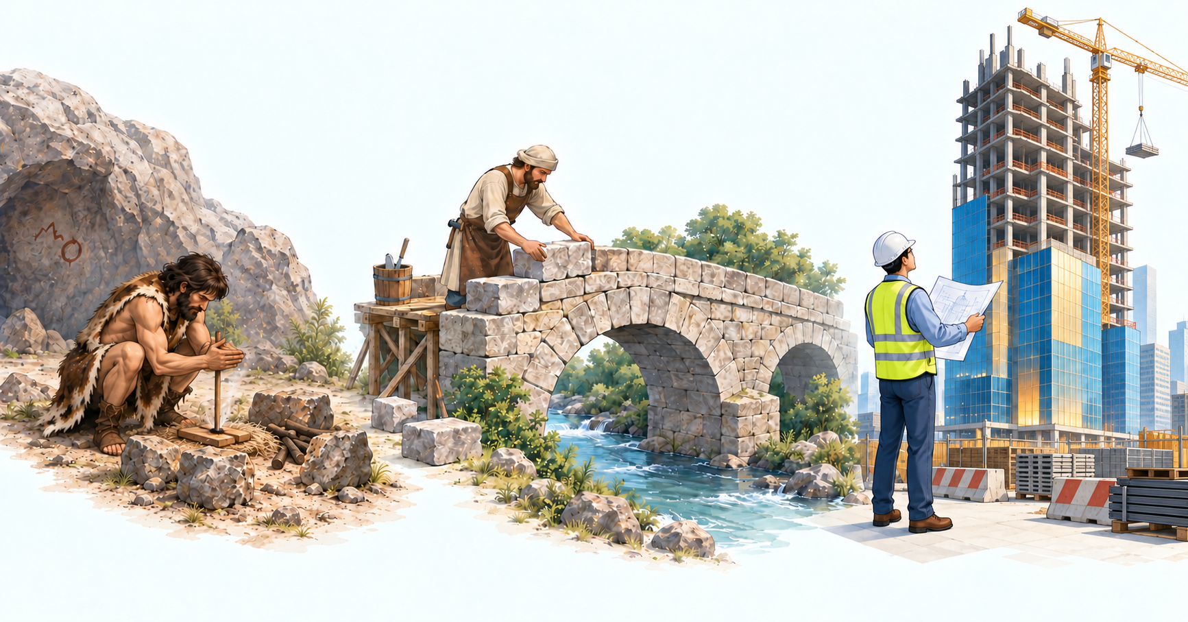 A cave person starting a fire by friction, a medieval builder constructing a stone bridge, and a modern engineer at a skyscraper construction site.