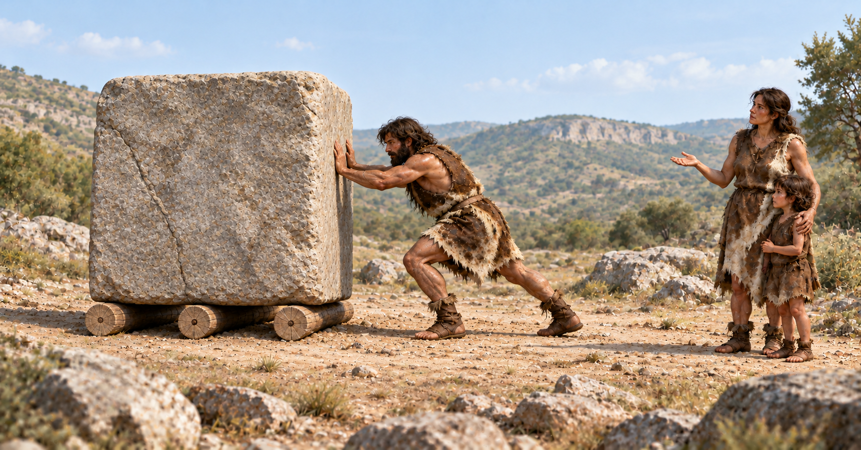 A prehistoric man pushes a large stone block on wooden rollers away from a puzzled woman watching with a child.