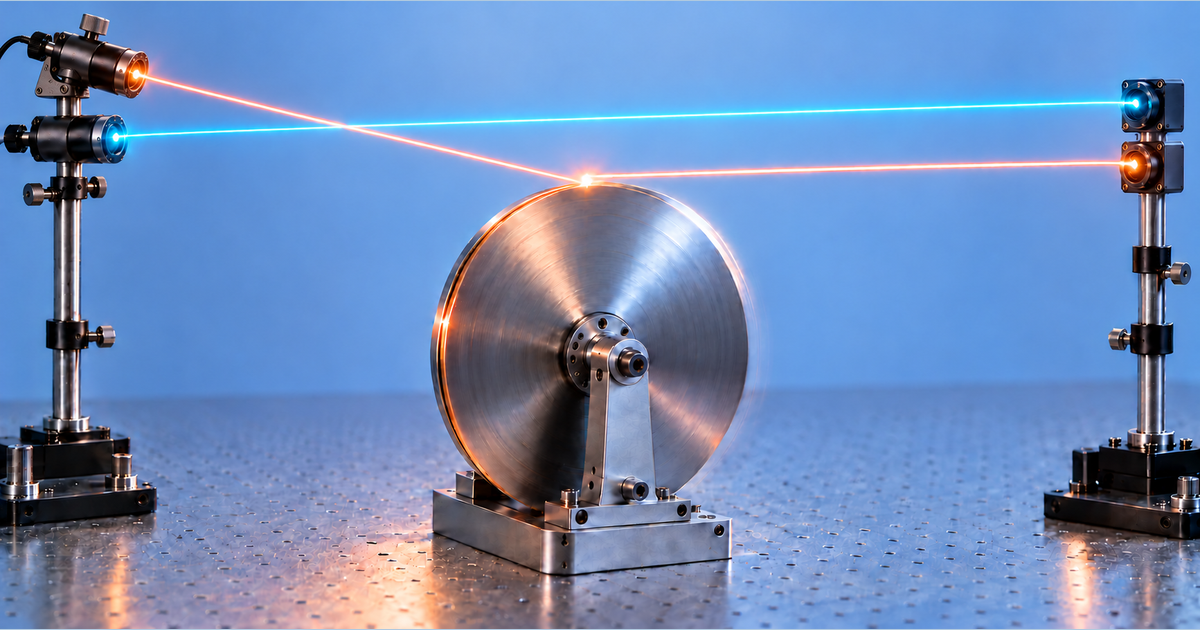 Conceptual illustration of the proposed experiment, with a red laser grazing a rotating disk's rim and a blue reference beam reaching separate detectors.